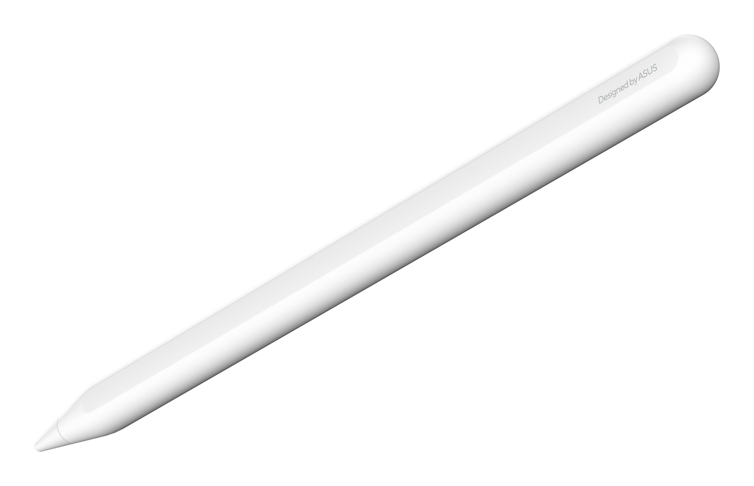 Un lápiz óptico blanco ASUS con punta fina yace en diagonal sobre fondo blanco.