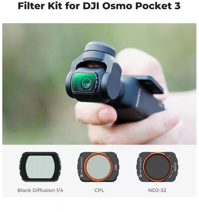 DJI Osmo Pocket 3 kamera három szűrővel: Black Diffusion, CPL és ND2-32.