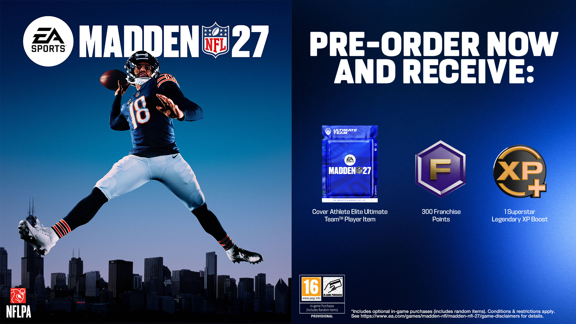 Grafika gry Madden NFL 27 z graczem rzucającym piłkę nad panoramą miasta i bonusami za pre-order.