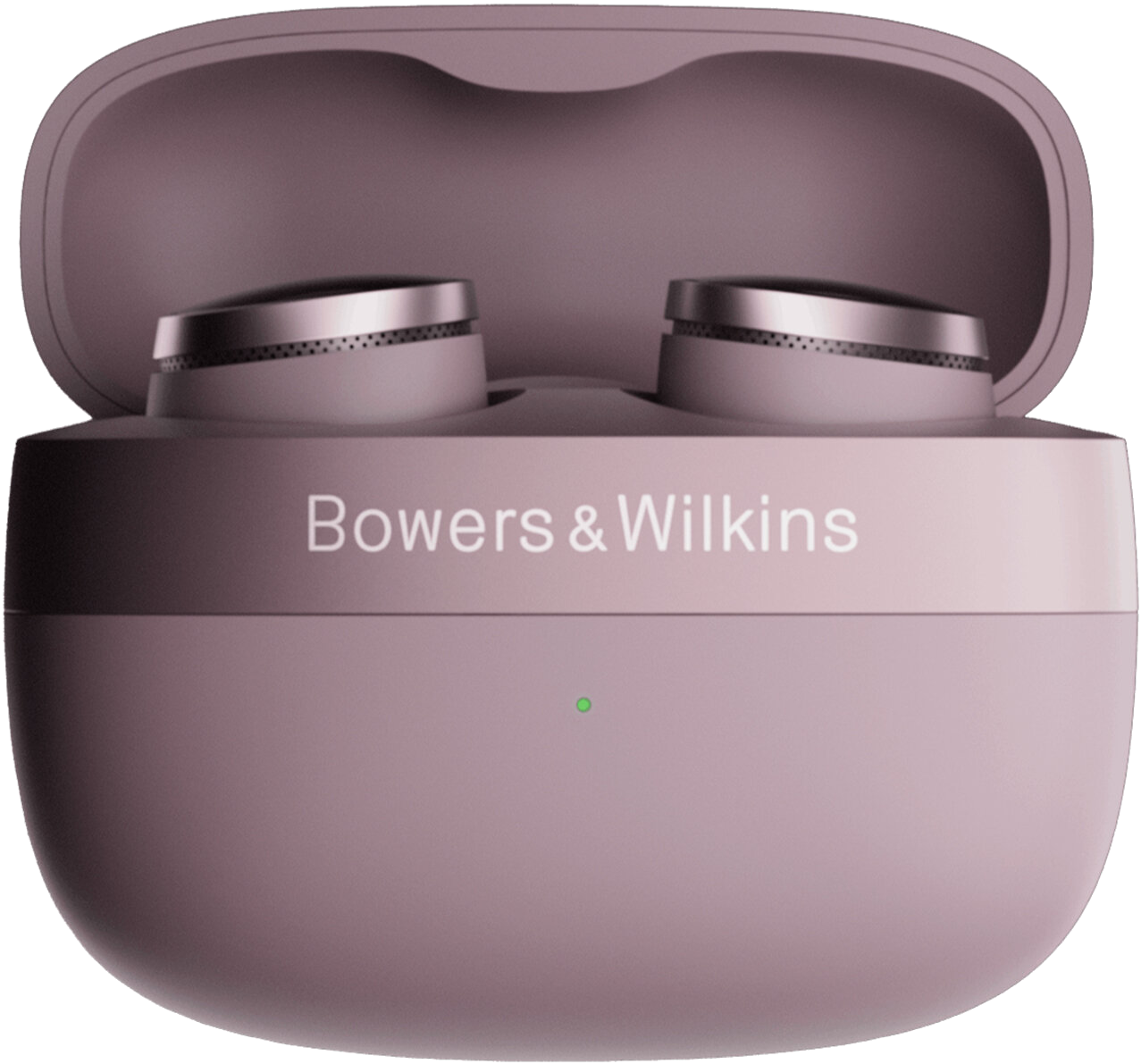Fioletowe słuchawki Bowers & Wilkins w otwartym etui ładującym z zielonym światłem.