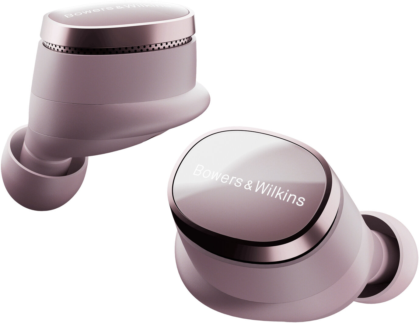Dwa różowo-złote słuchawki Bowers & Wilkins ze srebrnymi akcentami na białym tle.