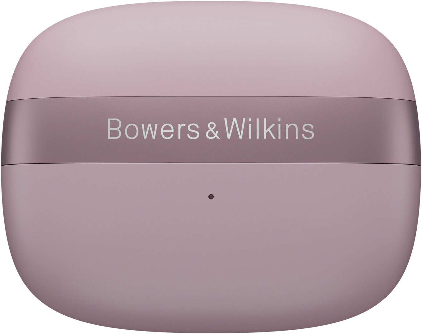 Zamknięte, matowe różowe etui na słuchawki Bowers & Wilkins z srebrną opaską.
