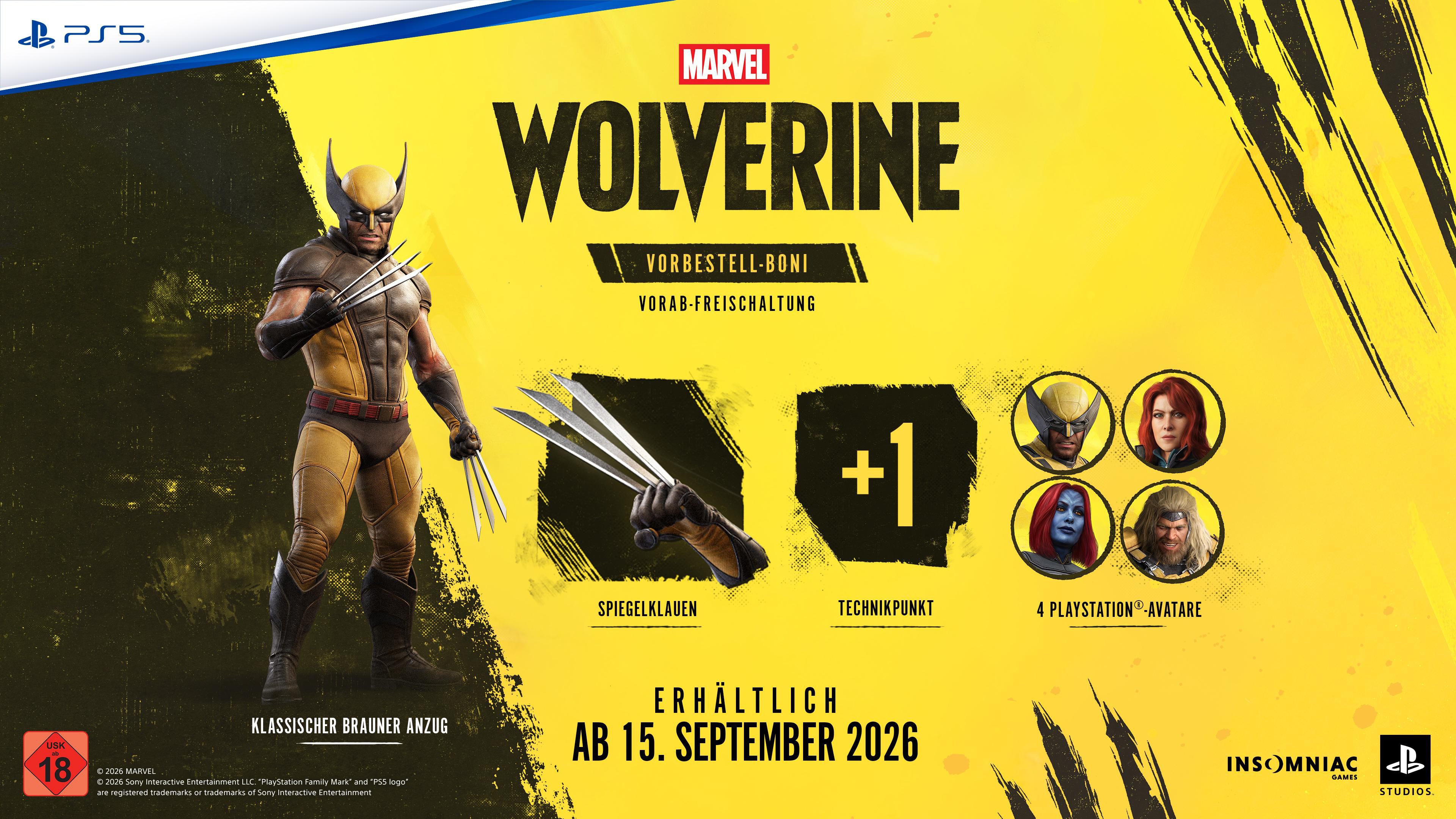 Wolverine im klassischen braunen Anzug mit Krallen, Vorbestellboni und Avataren.