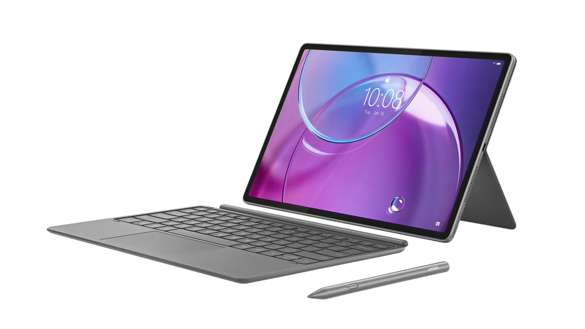Ein graues Tablet mit Tastatur und Stift auf weißem Hintergrund.