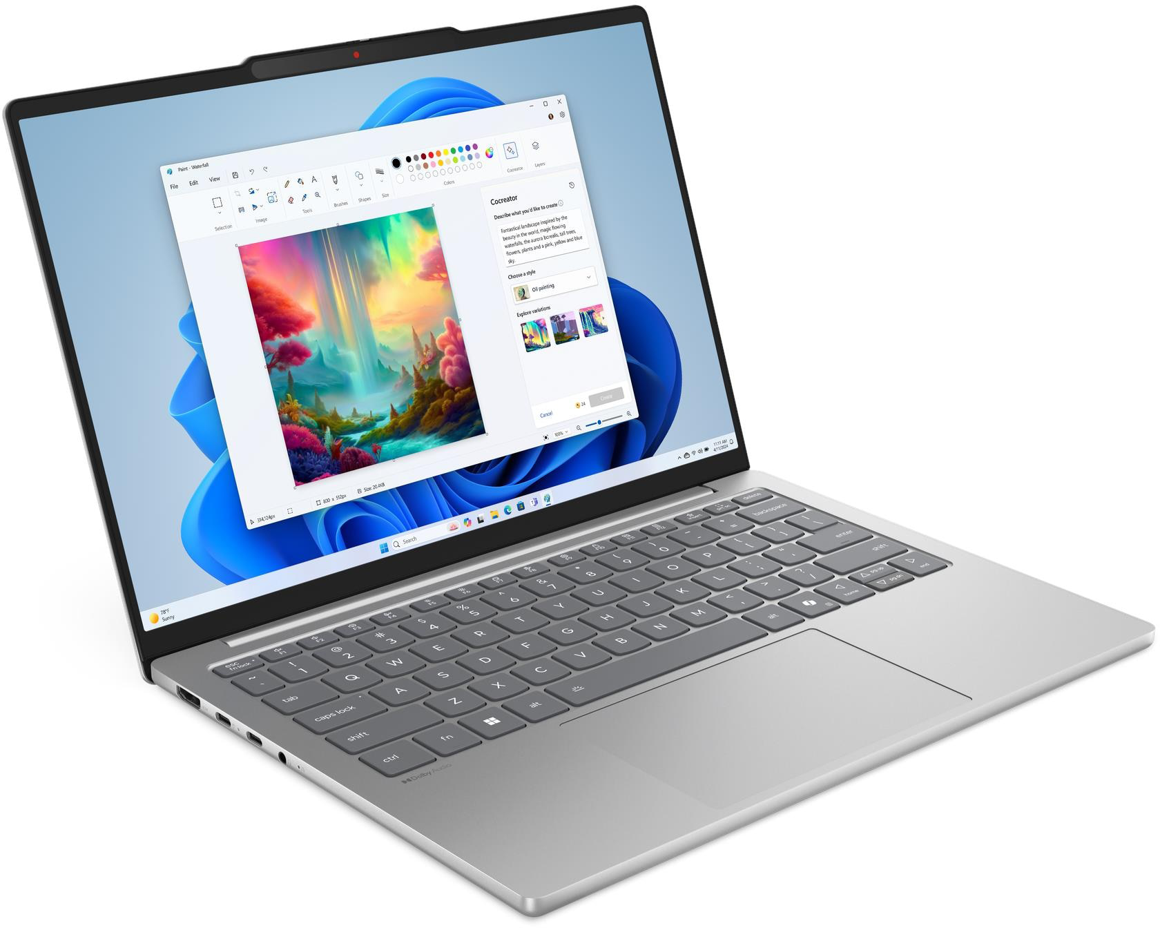Ezüst laptopon futó Windows 11 Paint alkalmazás mesterséges intelligencia által generált képpel.