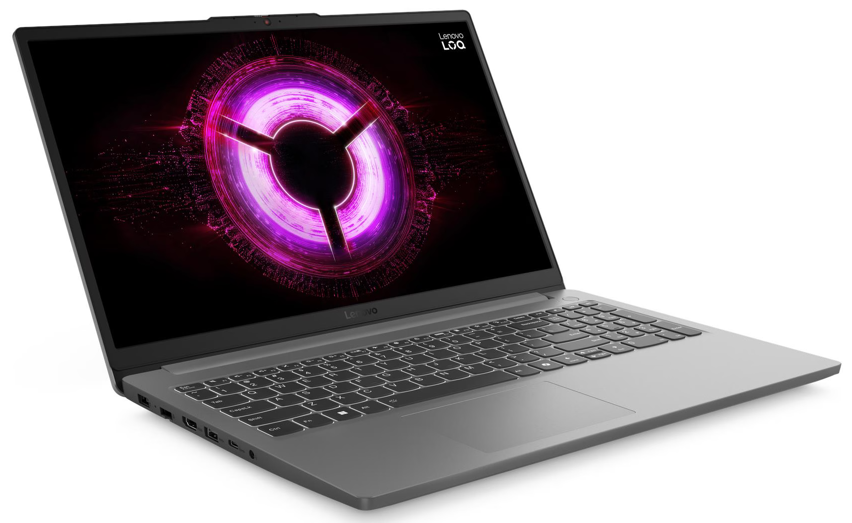 Egy szürke Lenovo laptop, lila animált gyűrűvel a képernyőn.