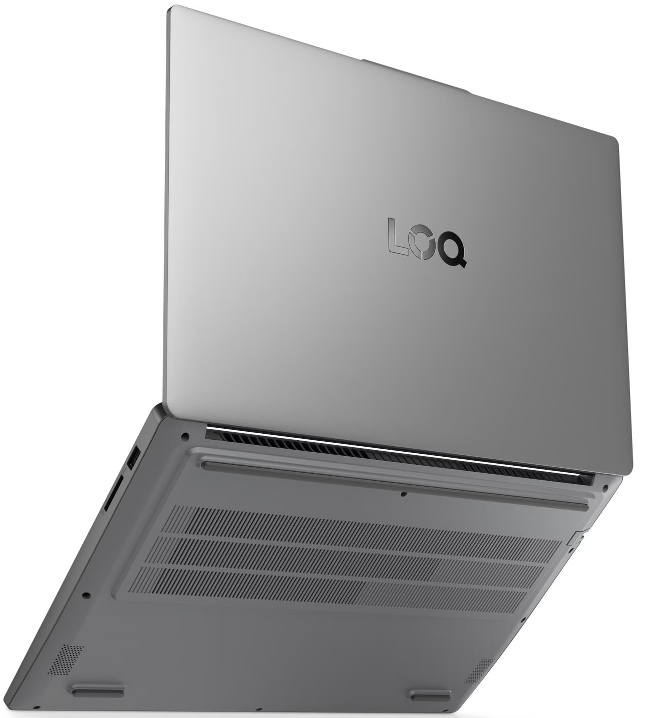 Ezüst laptop alulról, nyitott fedéllel. A 'LOQ' logó látható.