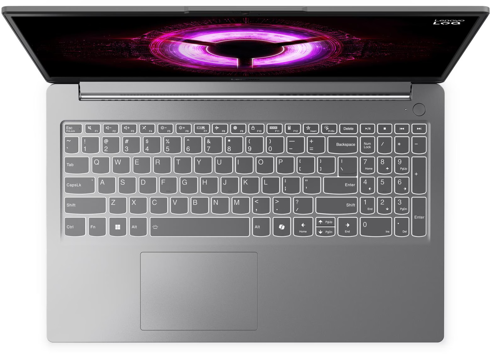 Egy nyitott szürke Lenovo laptop, képernyőjén világító lila-piros mintával.