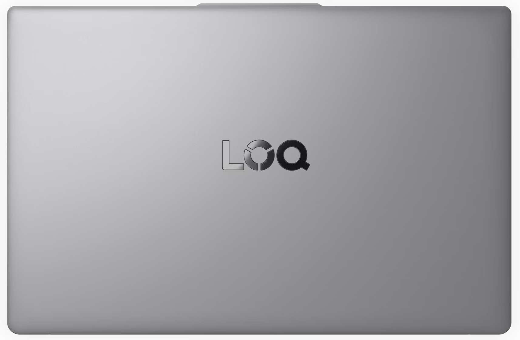 Egy zárt ezüst laptop a LOQ logóval a közepén.