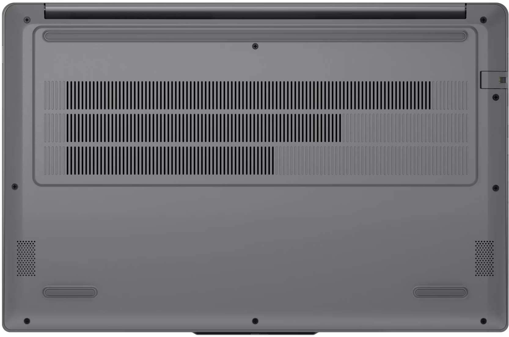 Szürke laptop alsó része szellőzőkkel és hangszóróráccsal.