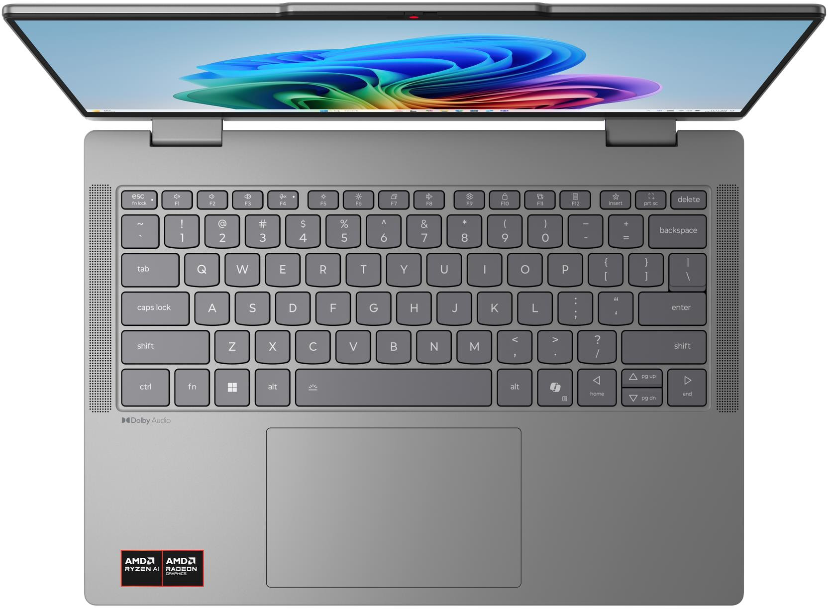 Egy nyitott, szürke laptop színes háttérképpel a képernyőn.