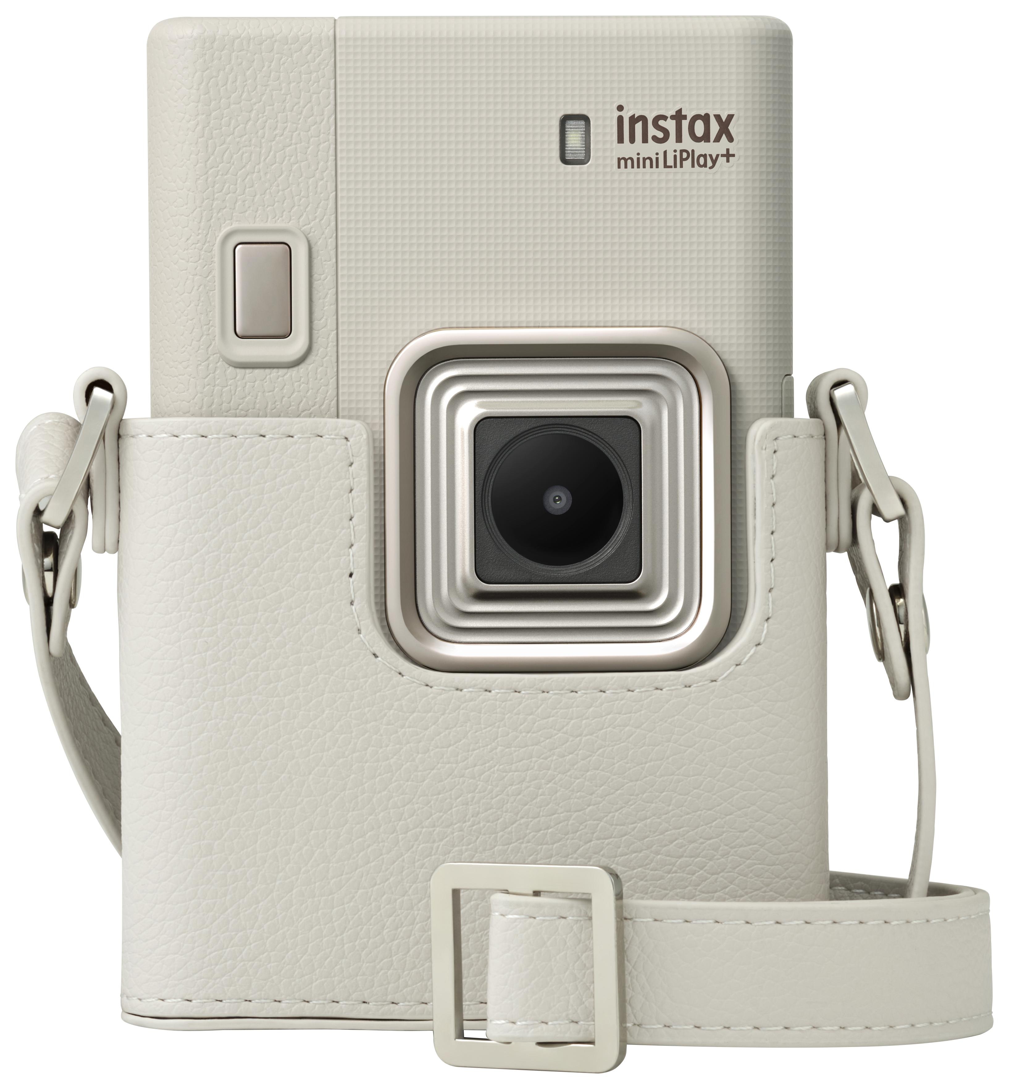 Eine weiße Ledertasche für eine Instax Mini LiPlay+ Kamera mit silbernen Beschlägen.