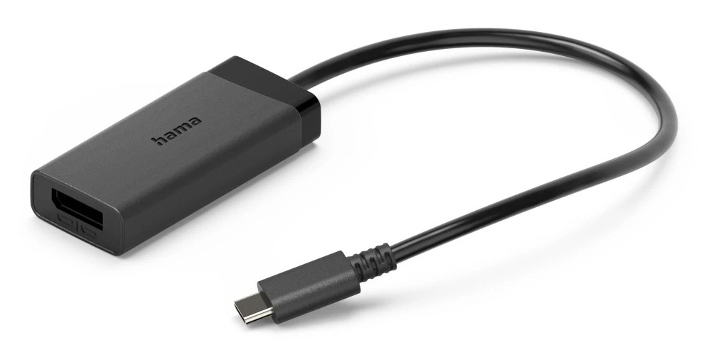 Ciemny adapter Hama USB-C do HDMI z czarnym kablem na białym tle.