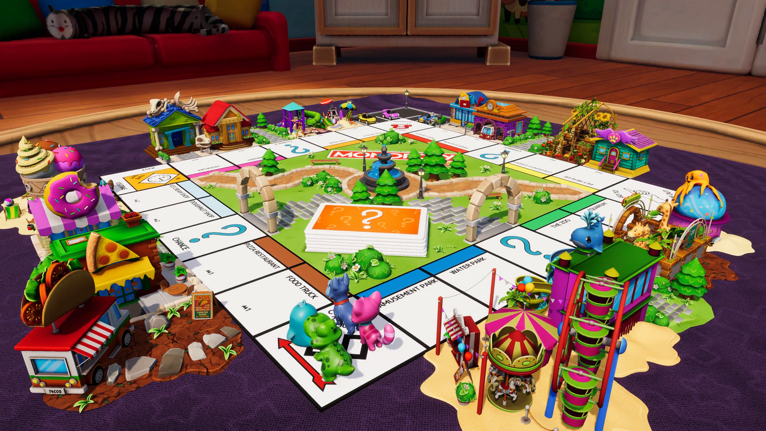 Tablero de Monopoly con casas coloridas, un camión de comida y una montaña rusa.