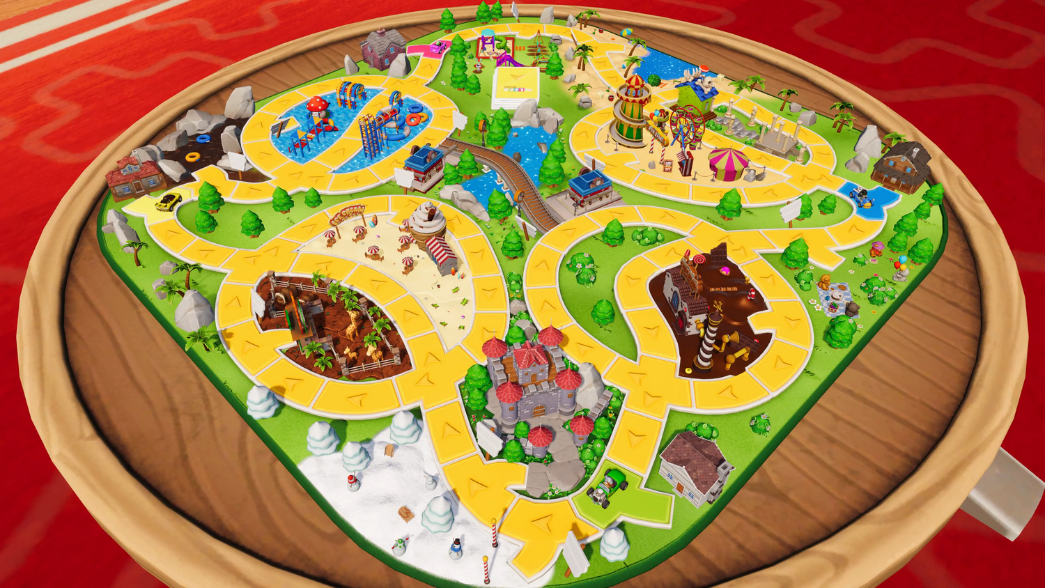 Juego de mesa con caminos amarillos, parques, agua, casas y atracciones.