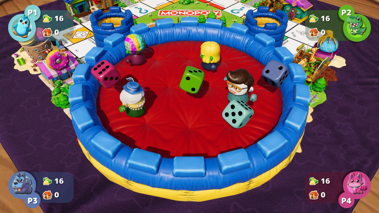 Piezas coloridas del juego tiran dados en una arena redonda con tablero de Monopoly.