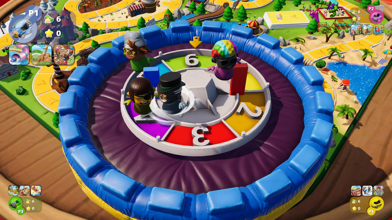 Tablero de juego con peones, ruletas y una ruleta de vida.