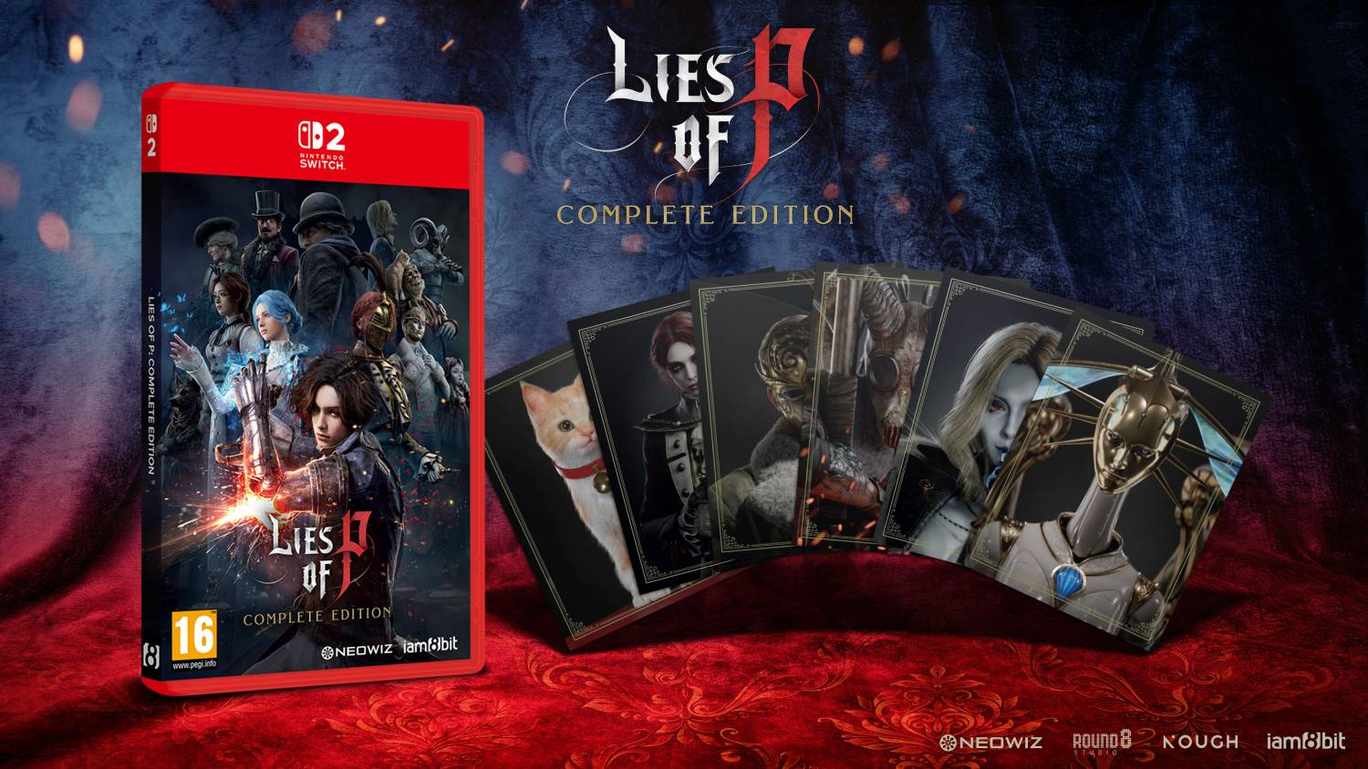 Juego Lies of P Complete Edition Nintendo Switch con 5 cartas coleccionables sobre terciopelo rojo.