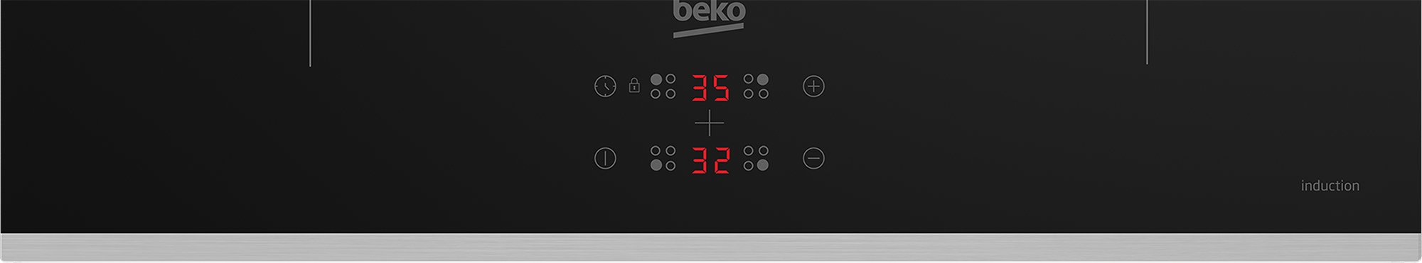 Beko indukciós főzőlap digitális kijelzőkkel, 35-ös és 32-es értékkel.