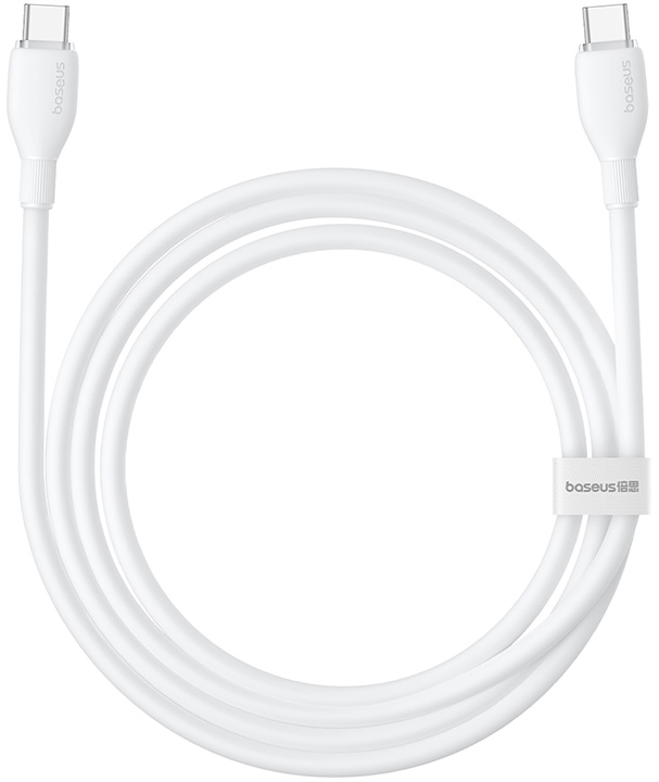 Egy fehér USB-C kábel tépőzáras pánttal és Baseus logóval.