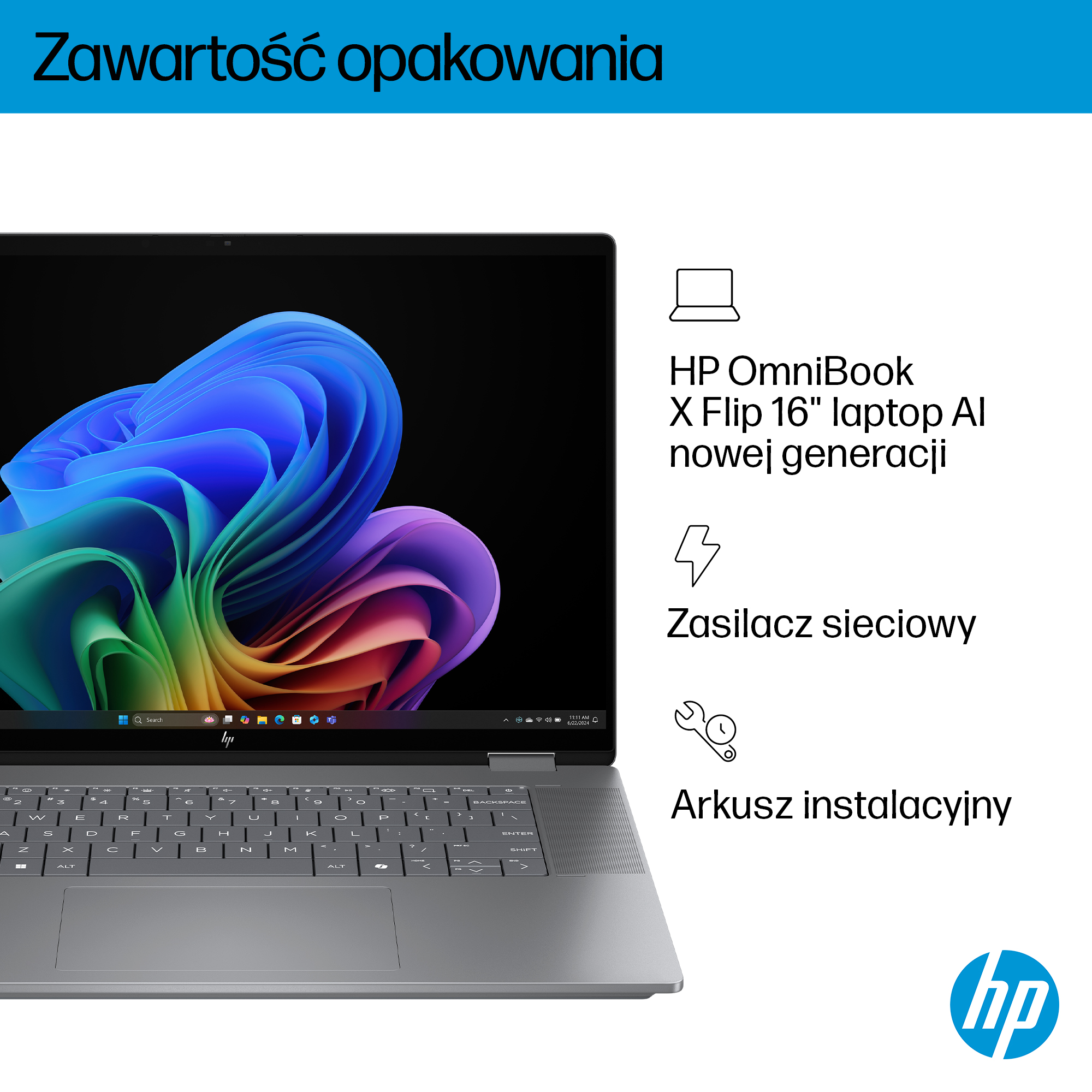 Srebrny laptop HP OmniBook z kolorową tapetą, klawiaturą i touchpadem.