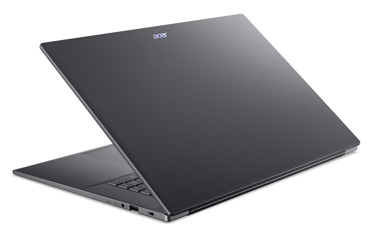 Ciemny laptop Acer, otwarty, z podświetlanym logo na pokrywie, na białym tle.