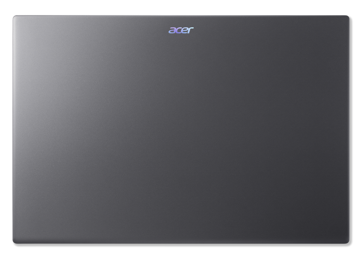 Zamknięty szary laptop Acer z odblaskowym logo na górze.
