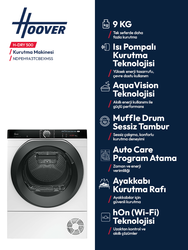 Hoover H-DRY 500 kurutma makinesi, 9kg kapasiteli, ısı pompası teknolojili.