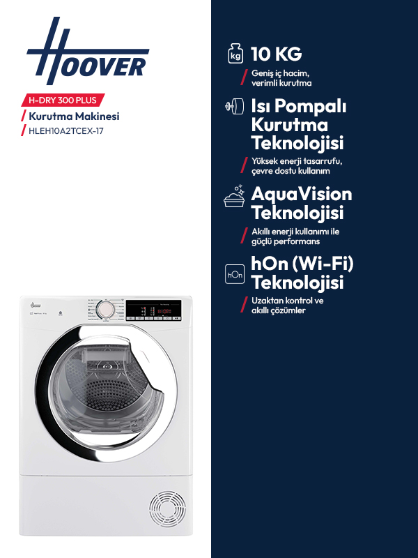 Beyaz Hoover H-DRY 300 PLUS kurutma makinesi, 10kg kapasiteli, ısı pompalı teknoloji.