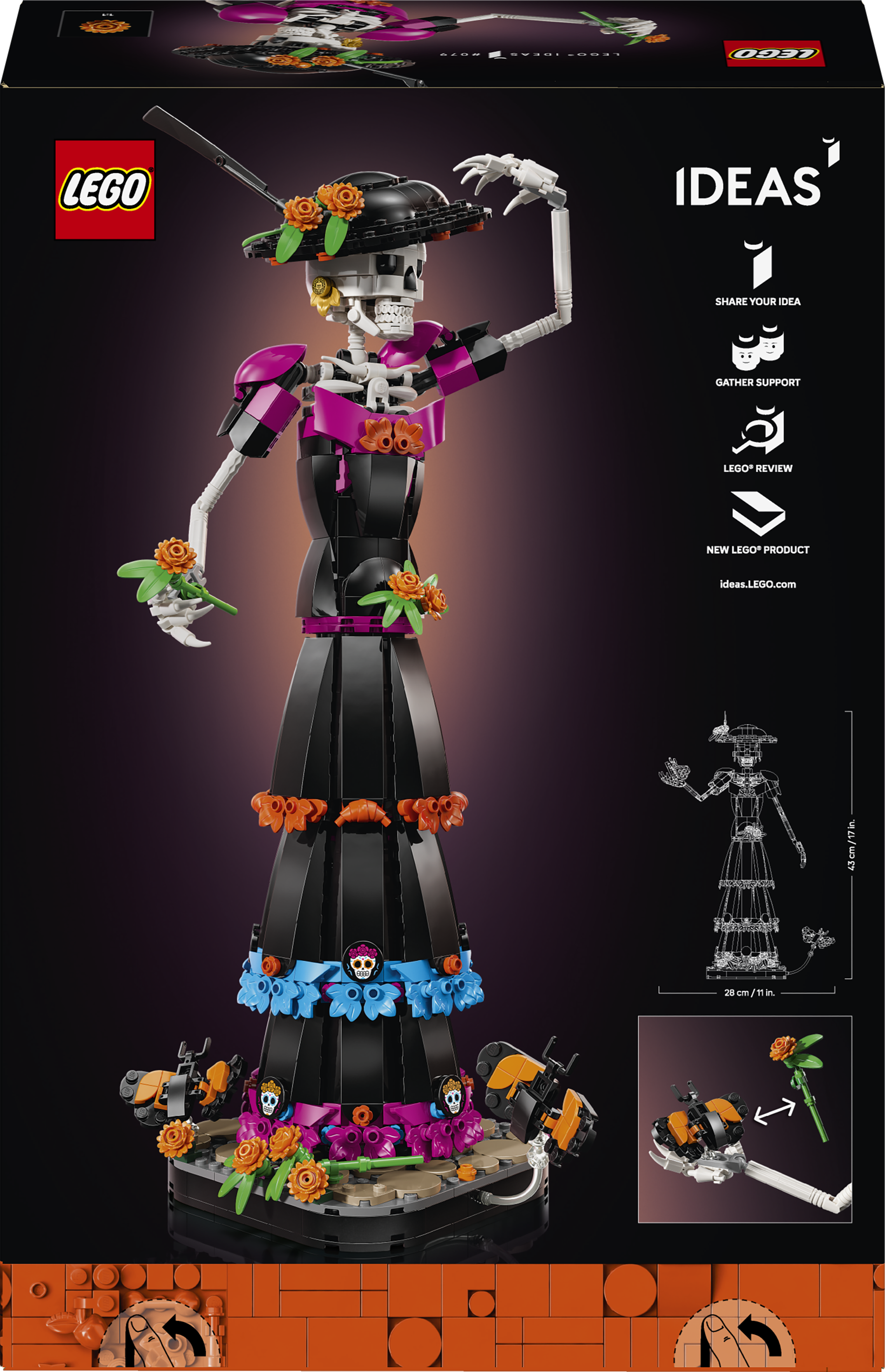 LEGO-Modell eines Skeletts in schwarzem Kleid und Hut, das eine Blume hält.