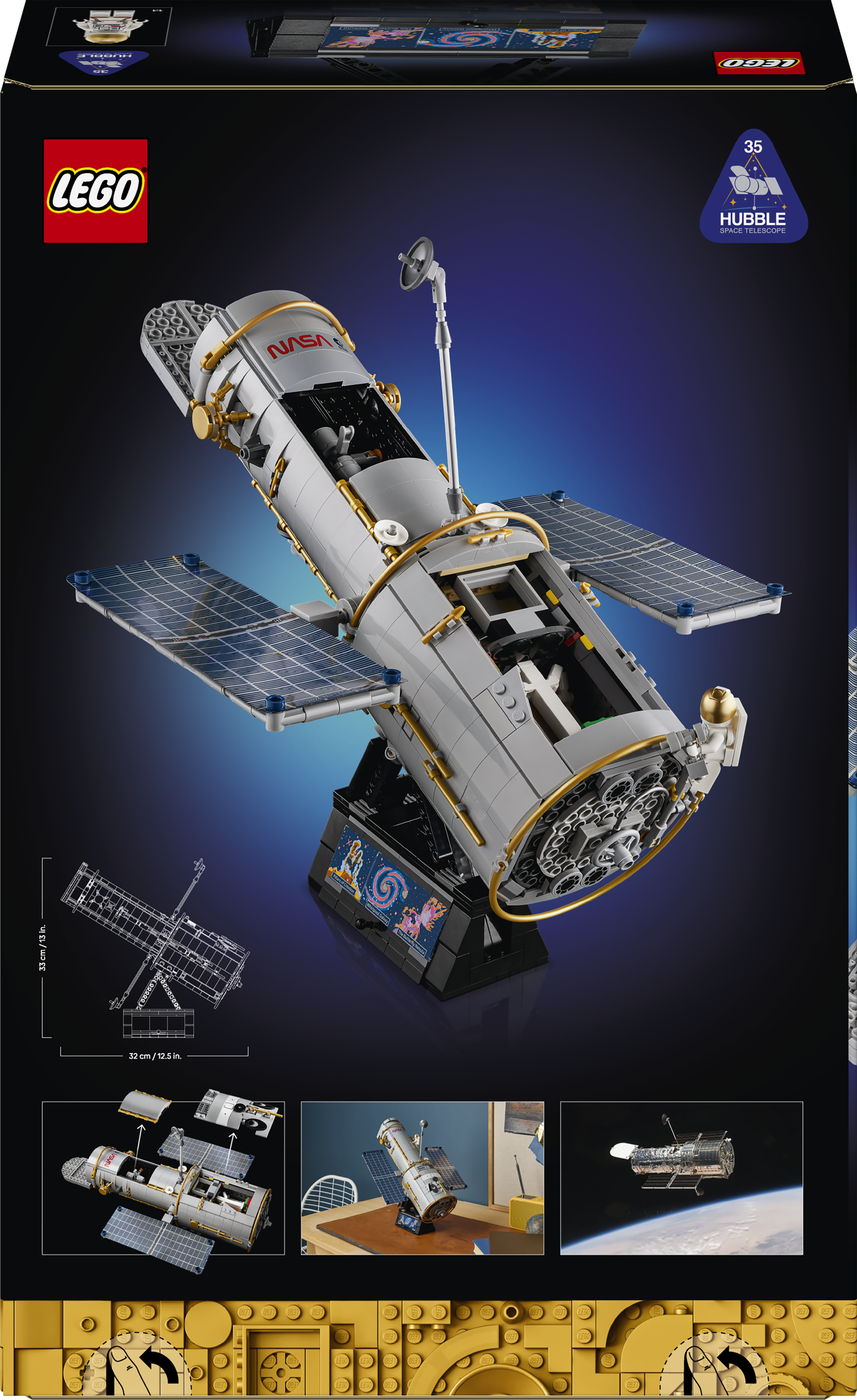 Das Lego-Modell des Hubble-Weltraumteleskops mit Solarzellen, NASA-Logo und Weltraumbild.