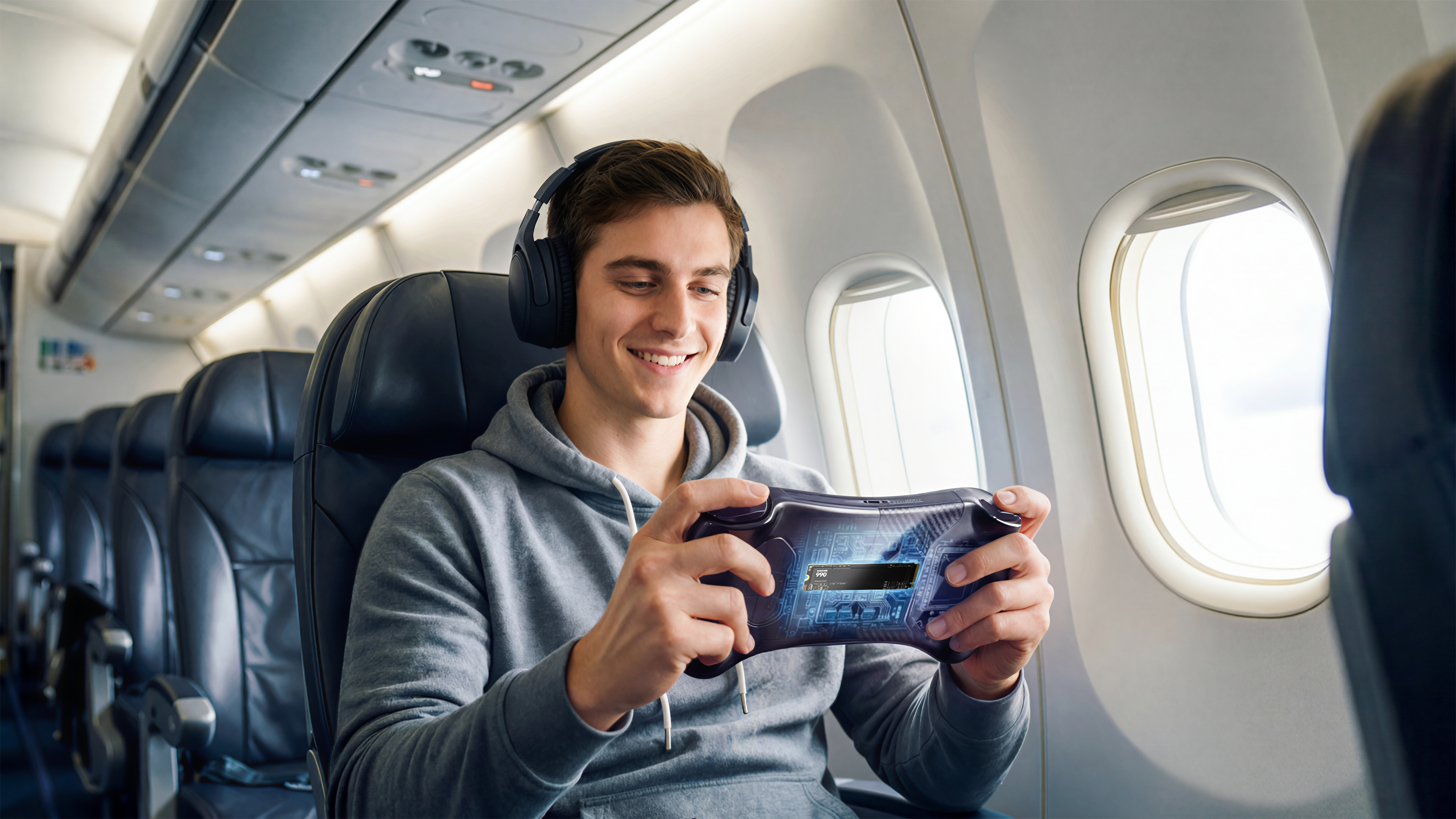 Ein Mann spielt ein Videospiel in einem Flugzeug und trägt Kopfhörer.