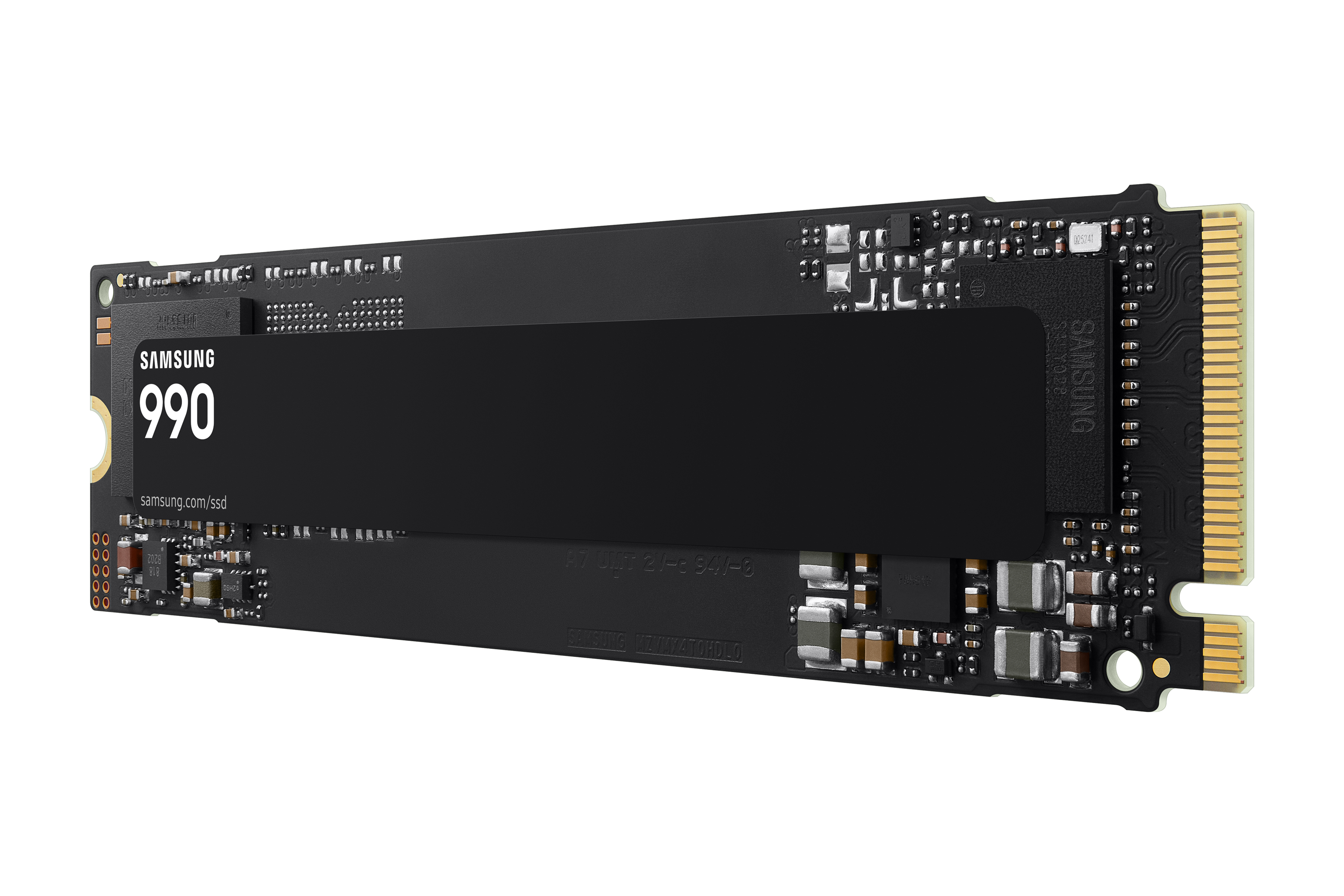 Eine schwarze SSD mit goldfarbenem Anschluss und Samsung-Logo.