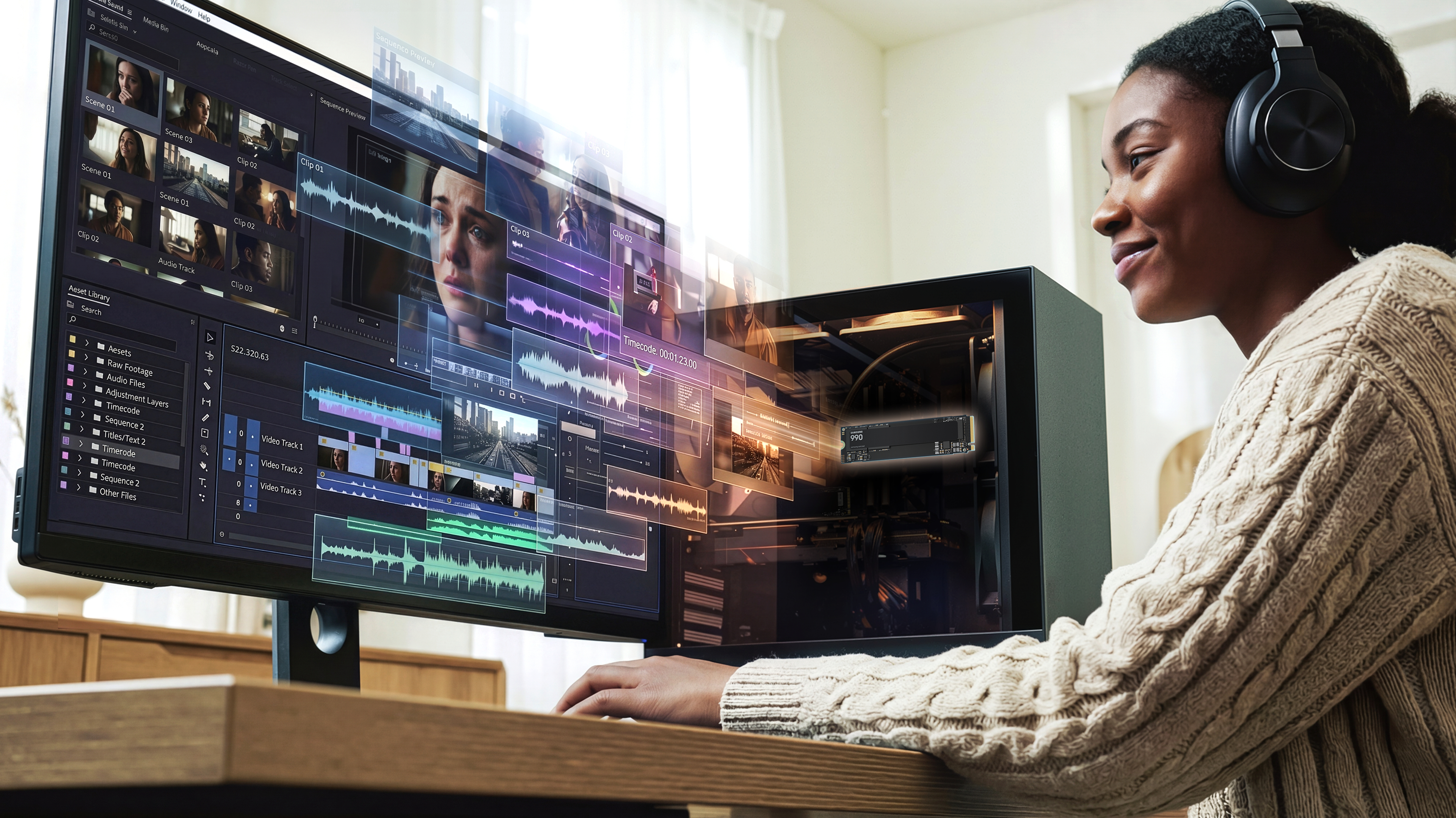 Eine Frau mit Kopfhörern editiert ein Video auf einem Computermonitor.