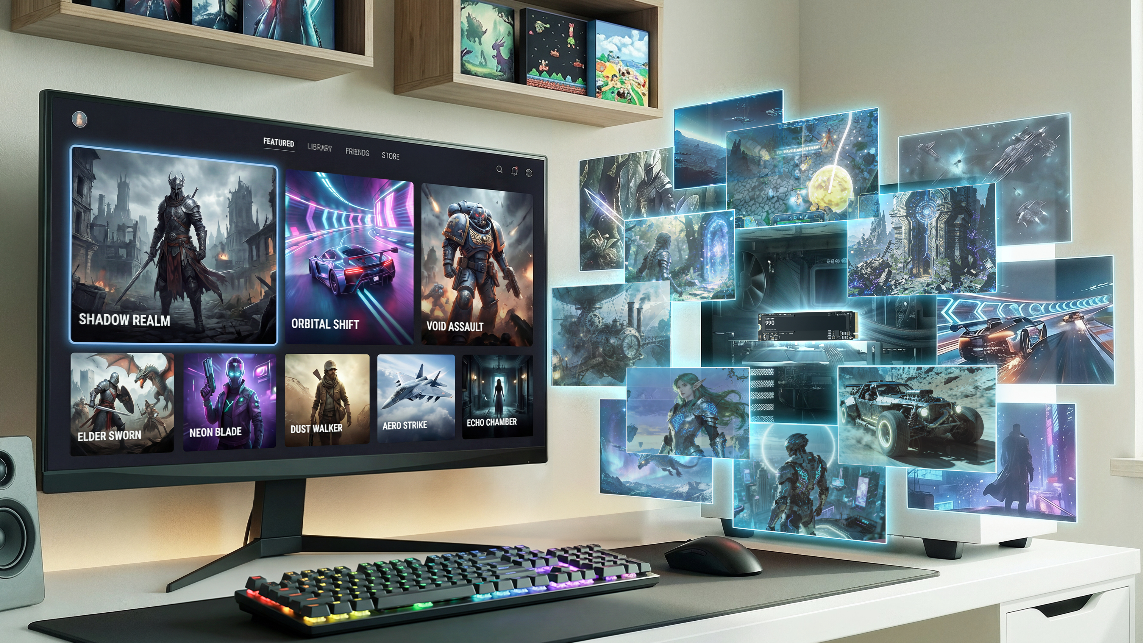 Ein Gaming-PC mit einem großen Monitor, der Spiele-Cover zeigt, und schwebenden Fenstern mit Spielszenen.