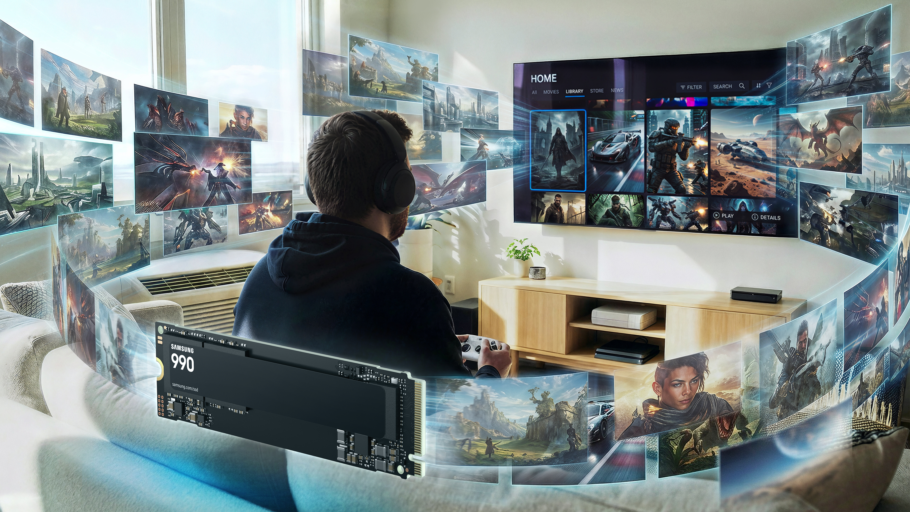 Mann mit Kopfhörern spielt Spiele auf dem Fernseher; SSD im Vordergrund.