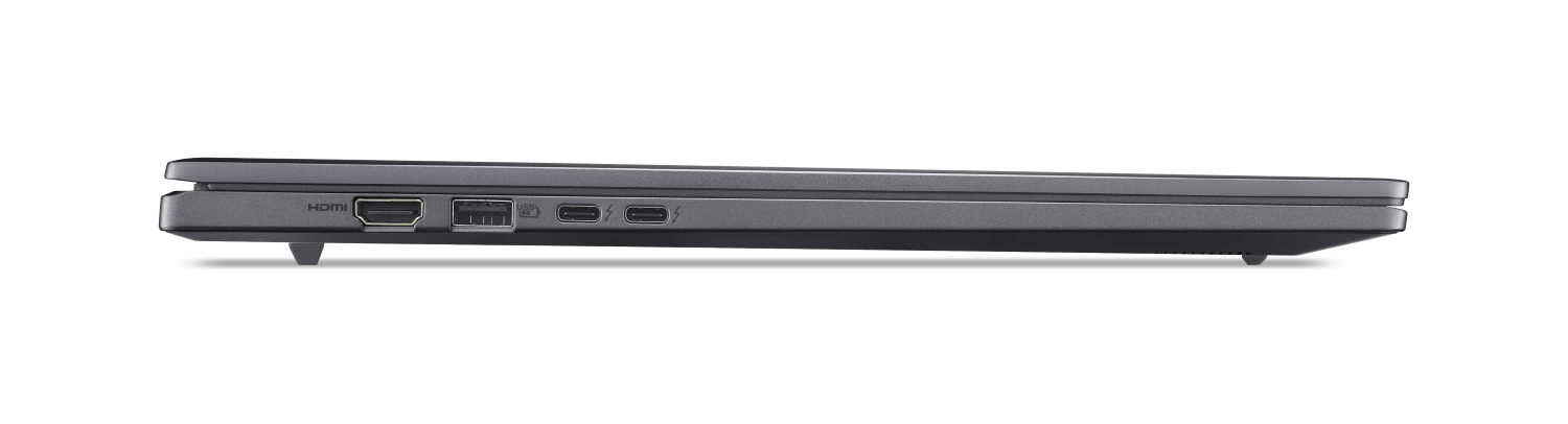 Szary profil laptopa pokazujący porty HDMI, USB-A i dwa USB-C/Thunderbolt.