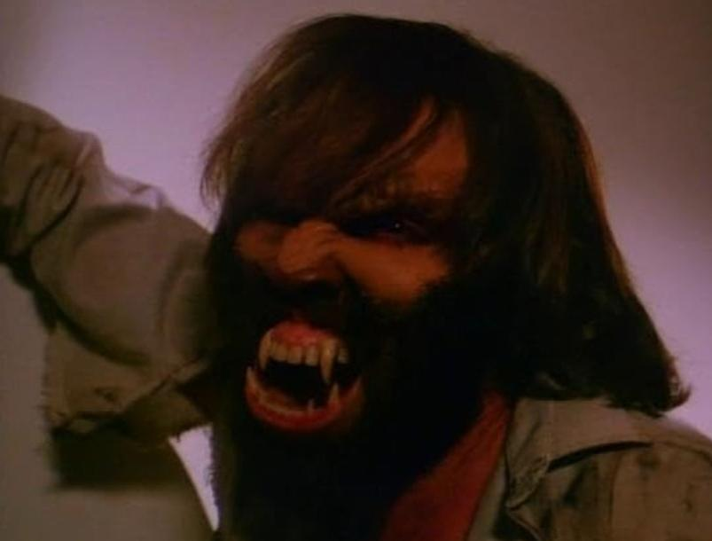 Ein Werwolf mit langen Haaren und Reißzähnen brüllt.
