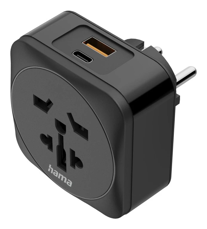 Adaptador de viaje negro con USB-A, USB-C y múltiples enchufes.