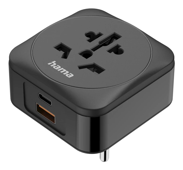 Adaptador de viaje negro con múltiples enchufes y puertos USB.