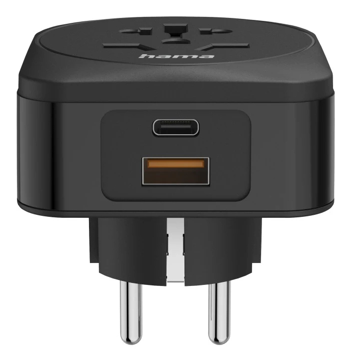 Adaptador de viaje universal Hama negro con puertos USB-C y USB-A.