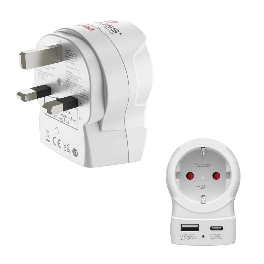 Adaptadores de viaje blancos: uno con enchufe británico, otro con puertos USB.