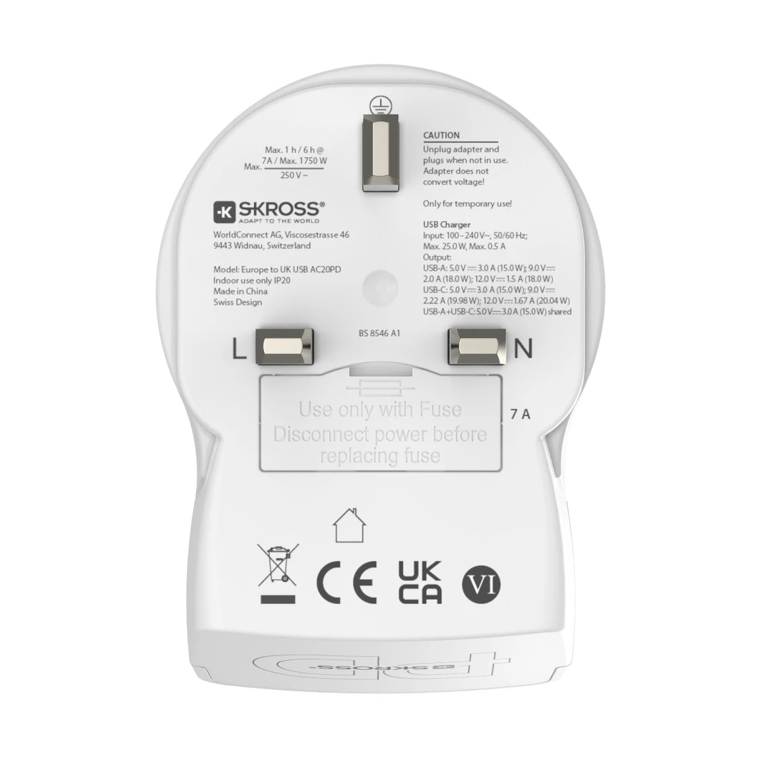 Adaptador de viaje blanco para Reino Unido con puertos USB e instrucciones.
