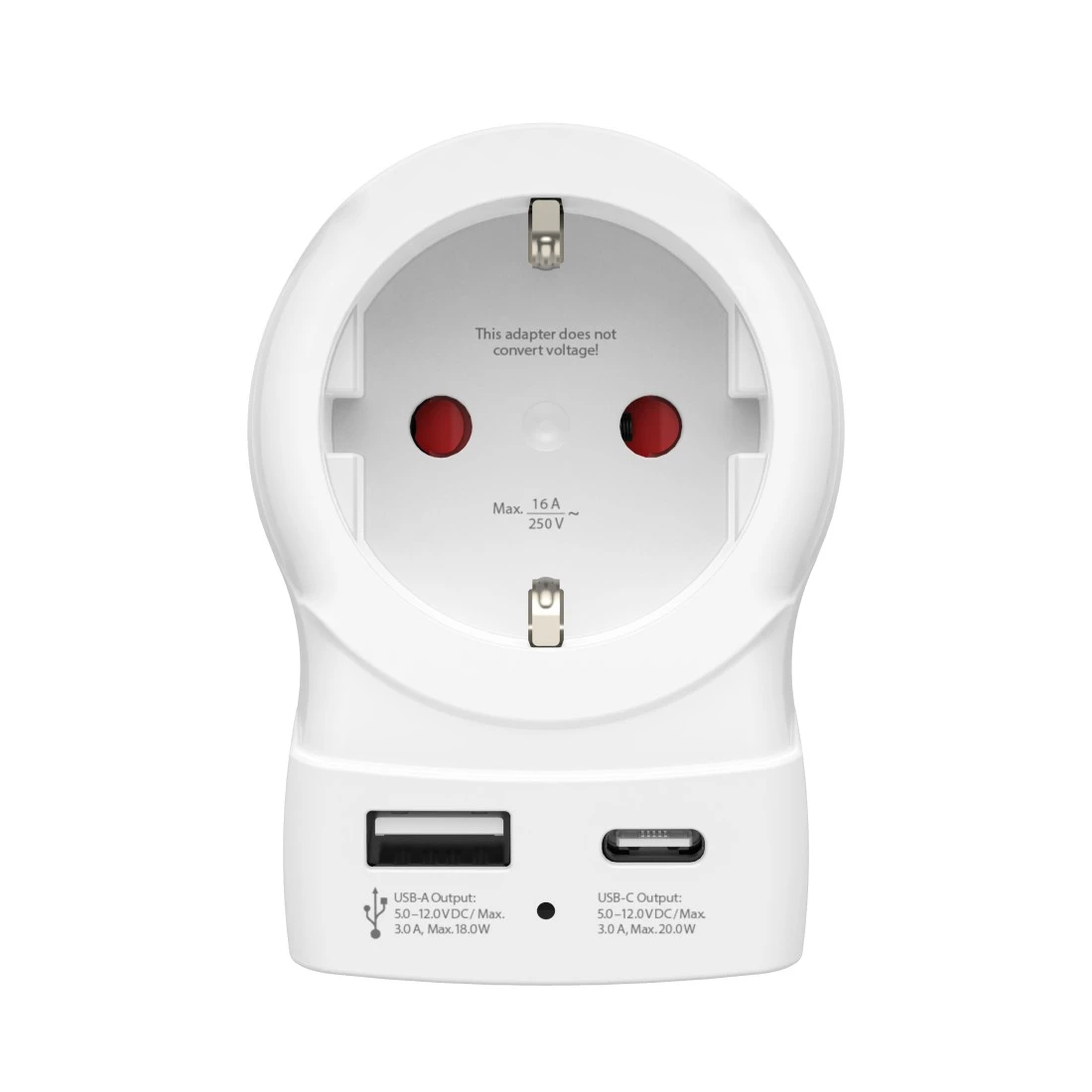 Un adaptador de viaje blanco con enchufe y dos puertos USB.