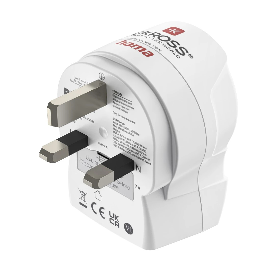 Un adaptador de viaje blanco con tres clavijas y puertos USB.