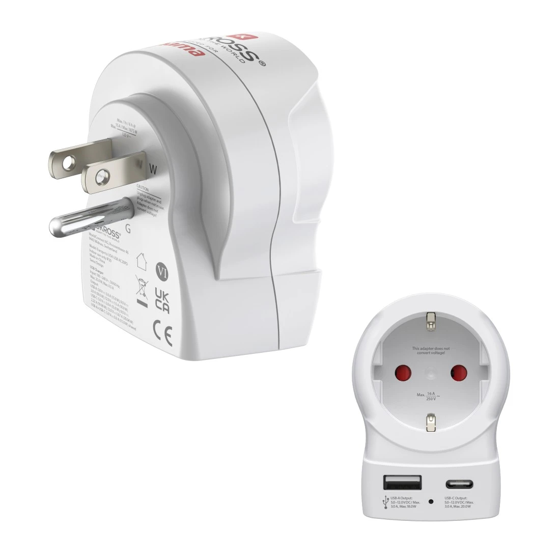 Un adaptador de viaje blanco con puertos USB y enchufes intercambiables.