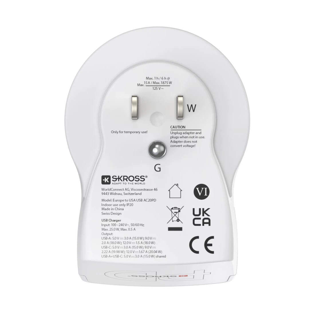 Un adaptador de viaje blanco con puertos USB y especificaciones.
