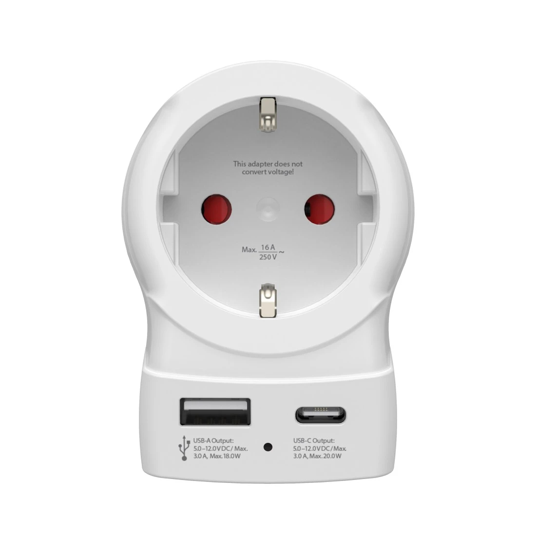 Un adaptador de viaje blanco con enchufe y dos puertos USB.