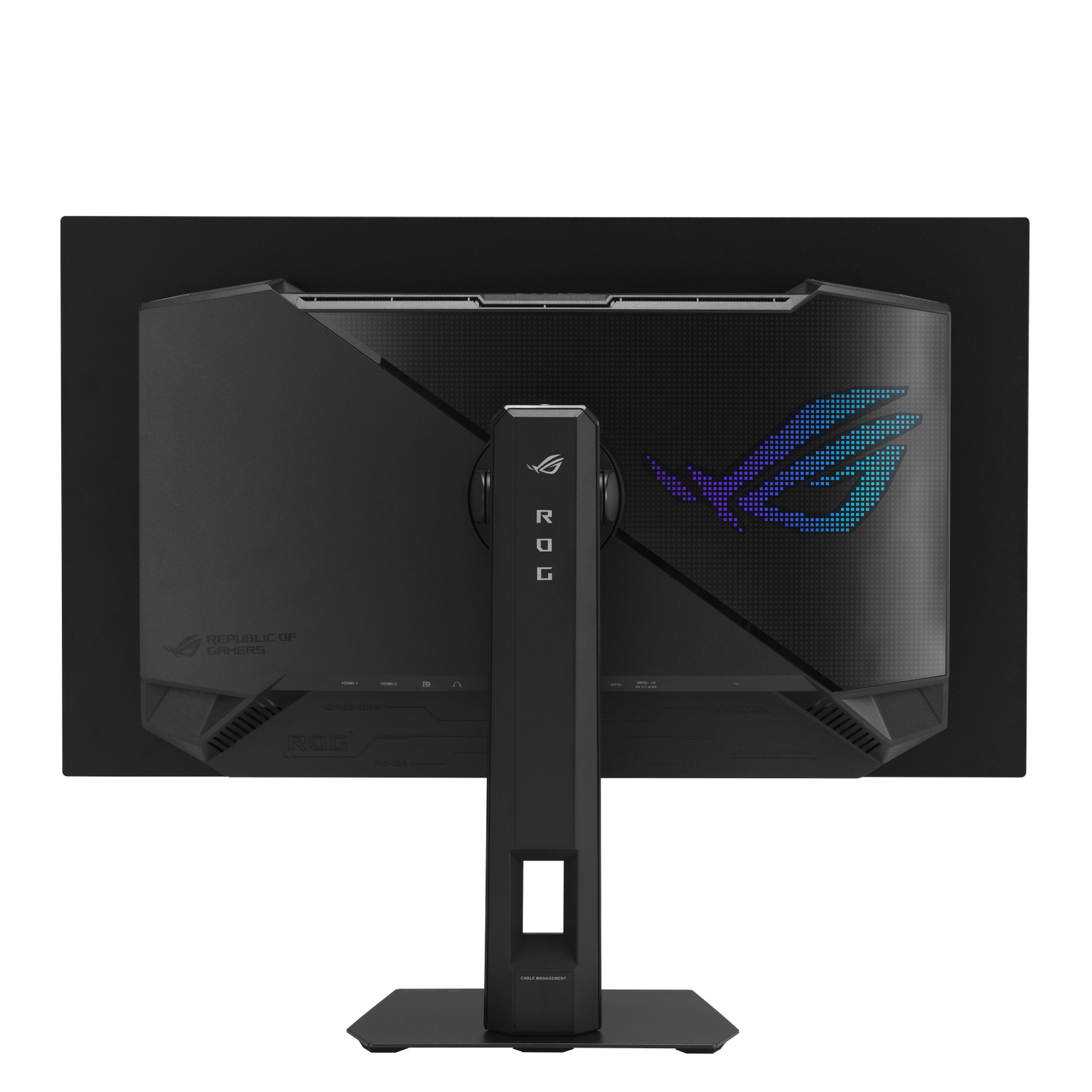 Parte trasera de un monitor negro con el logo ROG e iluminación RGB.