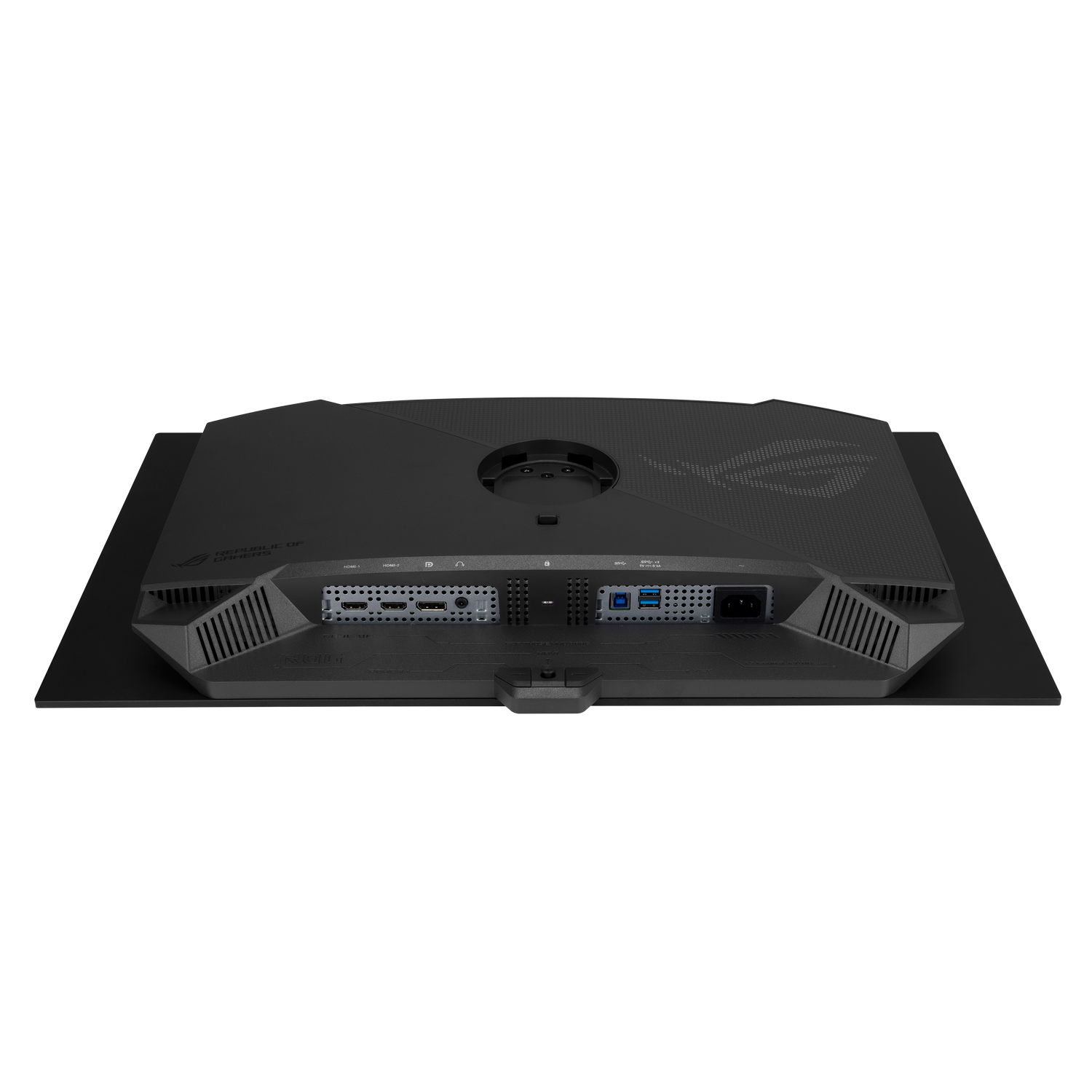 Parte posterior de un monitor negro que muestra puertos como HDMI y USB.